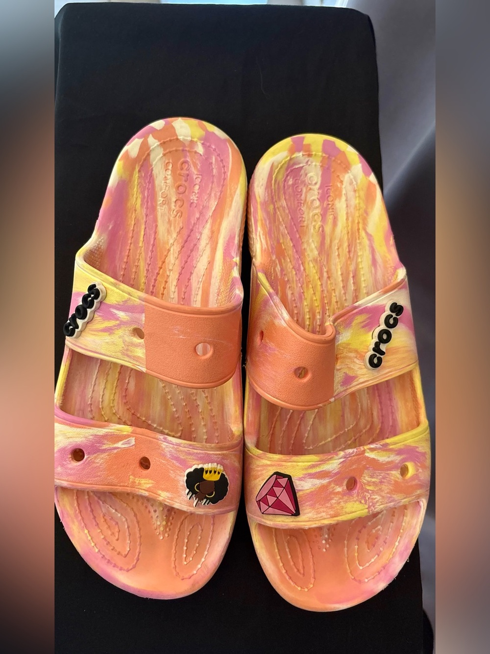 Crocs Classic Marbled Two Strap Slide Sandals Orange Sorbet Pink Men 9 Women 11